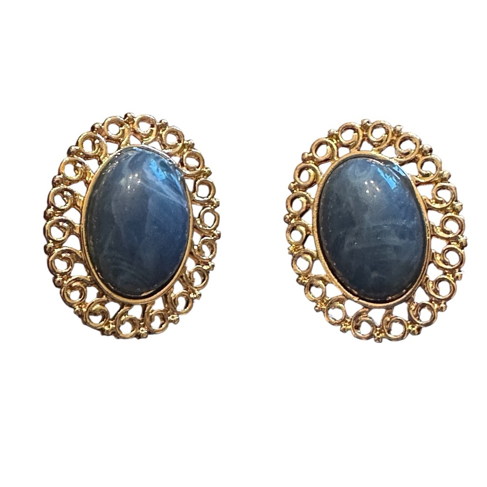 Vintage Inspired Gold and Blue Stone Oval Earrings